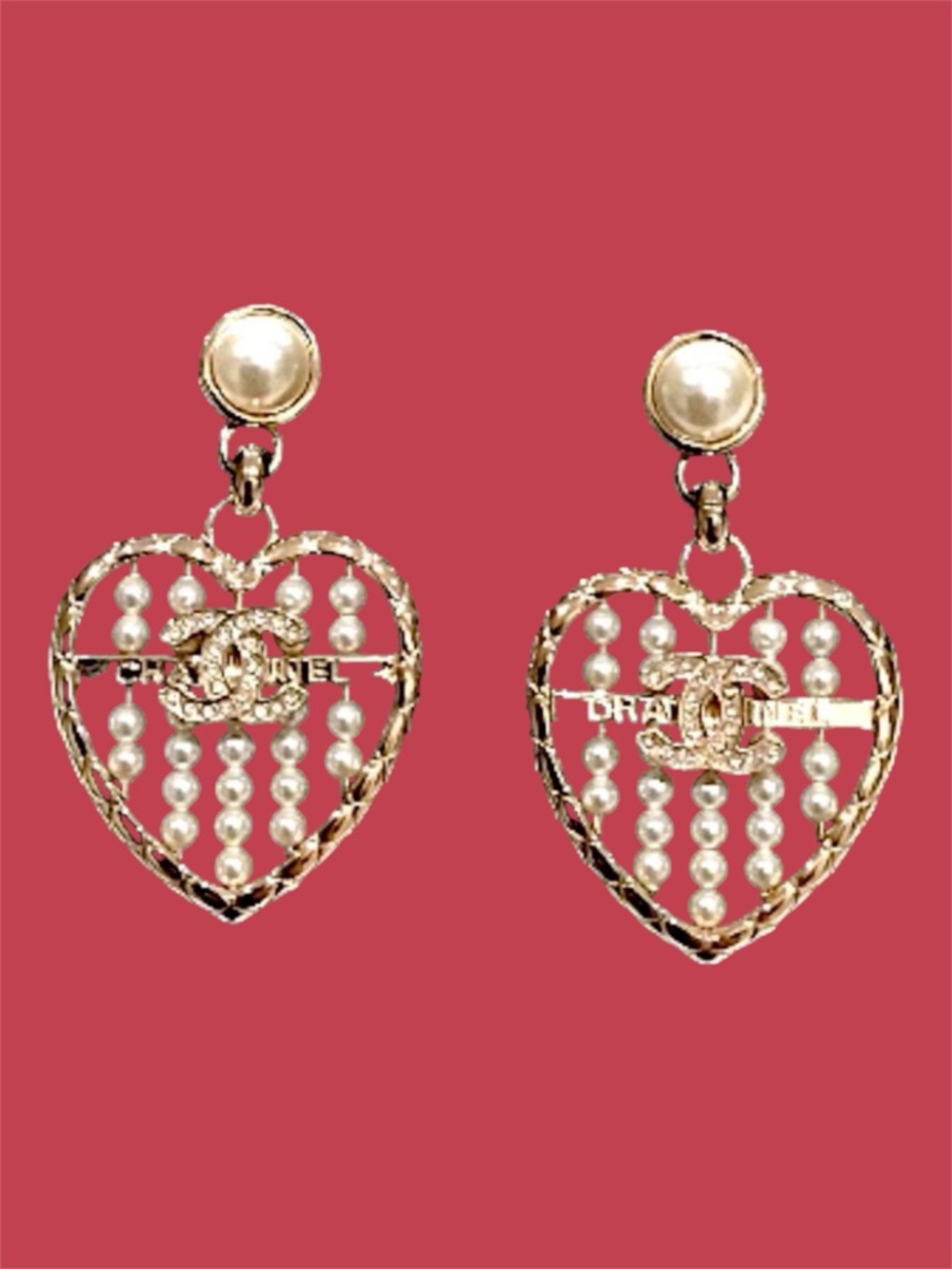 CHANEL Gold Heart Earrings with Pearl and diamond Accents